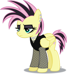 Size: 2487x2744 | Tagged: safe, artist:anime-equestria, derpibooru import, fluttershy, pegasus, pony, alternate hairstyle, clothes, ear piercing, eyeshadow, fishnet stockings, fluttergoth, frown, goth, jewelry, long sleeves, makeup, necklace, piercing, simple background, transparent background, vector, vest, wings
