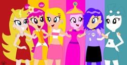 Size: 1088x556 | Tagged: safe, artist:art1stg1rl, artist:selenaede, human, robot, equestria girls, adventure time, ami onuki, anarchy panty, barely eqg related, base used, bracelet, cartoon network, clothes, crossover, crown, dress, ear piercing, earring, equestria girls style, equestria girls-ified, hairpin, hi hi puffy ami yumi, jenny wakeman, jewelry, my life as a teenage robot, necklace, nickelodeon, panty anarchy, panty and stocking with garterbelt, piercing, princess bubblegum, puffy ami yumi, regalia, sabrina spellman, sabrina the teenage witch, yumi yoshimura