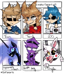 Size: 1080x1241 | Tagged: safe, artist:skygge._, nightmare moon, alicorn, human, pony, animatronic, black sclera, bust, clothes, crossover, eddsworld, ethereal mane, female, five nights at freddy's, gorillaz, gun, hat, helmet, heterochromia, hoof shoes, knife, male, mangle, mare, purple guy, six fanarts, smiling, spear, starry mane, tord larsson, weapon, white eyes