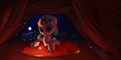 Size: 2322x1149 | Tagged: safe, artist:vultraz, somnambula, pegasus, pony, bedroom eyes, curtain, female, full moon, moon, night, pillow, sitting, solo