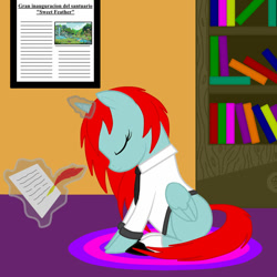 Size: 1200x1200 | Tagged: safe, artist:zethbsoul, oc, oc only, oc:yvonne redfeather, alicorn, pony, bookshelf, quill, red mane, simple background, solo