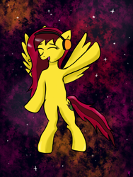 Size: 1050x1400 | Tagged: safe, artist:monebolton, oc, oc only, oc:twizzle peas, pegasus, commission, commissions open, dancing, flying, galaxy, guardians of the galaxy, music, solo, space