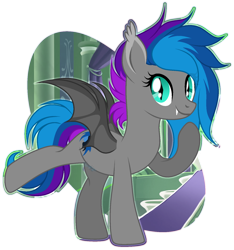 Size: 1500x1600 | Tagged: safe, artist:angelina-pax, oc, oc only, oc:lyssa, bat pony, abstract background, bat pony oc, bat wings, ear fluff, fangs, raised hoof, raised leg, simple background, smiling, solo, transparent background, wings