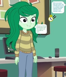 Size: 672x788 | Tagged: safe, edit, edited screencap, editor:thomasfan45, screencap, wallflower blush, human, equestria girls, equestria girls series, forgotten friendship, 1000 hours in ms paint, bulletin board, canterlot high, chair, clothes, computer, cropped, cute, description is relevant, desk, female, flowerbetes, happy, hypno eyes, hypnosis, hypnotized, implied trixie, jeans, offscreen character, pants, pendulum swing, personality change, pocket watch, request, smiling, solo, speech bubble, story included, sweater