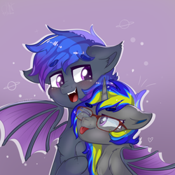 Size: 1024x1024 | Tagged: source needed, safe, artist:justkattyo, oc, oc only, oc:grey, oc:rapid shadow, bat pony, unicorn, blushing, couple, covering, cozy, cuddling, ear fluff, fangs, freckles, gay, happy, hug, love, male, oc x oc, open mouth, playful, shipping, smiling, stallion, teeth, tongue out, wing covering, winghug, wings