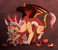 Size: 1376x1181 | Tagged: safe, artist:inuhoshi-to-darkpen, oc, oc only, oc:serenity, bat pony, draconequus, hybrid, apple, apple tree, bat pony oc, bat wings, chest fluff, draconequus oc, ear fluff, eyes on the prize, fangs, female, flower, flower in hair, flowing mane, food, glowing horn, horn, interspecies offspring, offspring, open mouth, parent:discord, parent:fluttershy, parents:discoshy, solo, tongue out, tree, wings
