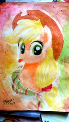 Size: 2322x4128 | Tagged: safe, artist:liaaqila, derpibooru import, applejack, earth pony, pony, :p, applejack's hat, clothes, cowboy hat, cute, female, hat, jackabetes, mare, painting, scarf, solo, tongue out, traditional art, watercolor painting