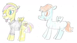 Size: 1570x885 | Tagged: safe, artist:ptitemouette, oc, oc only, oc:fire thunder, oc:flash light, pegasus, duo, ear piercing, earring, female, jewelry, magical lesbian spawn, male, mare, offspring, parent:fluttershy, parent:spitfire, parents:spitshy, piercing, stallion, tongue out, traditional art