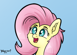 Size: 1997x1412 | Tagged: safe, artist:yelowcrom, derpibooru import, fluttershy, pegasus, pony, blue background, bust, cheek fluff, cute, ear fluff, female, mare, open mouth, portrait, shyabetes, simple background, solo