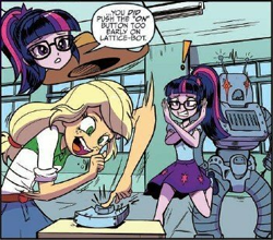 Size: 352x310 | Tagged: safe, artist:pencils, idw, applejack, sci-twi, twilight sparkle, robot, equestria girls, spoiler:comic, spoiler:comicequestriagirlsmarchradness, button, lattice-bot