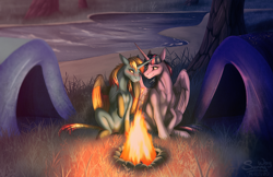 Size: 1200x779 | Tagged: safe, artist:sunny way, twilight sparkle, twilight sparkle (alicorn), oc, alicorn, pony, alicorn oc, blushing, campfire, camping, canon x oc, feather, female, grass, horn, lesbian, love, mare, river, romantic, shipping, sitting, smiling, tent, wings