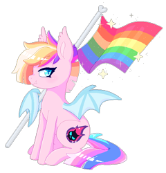 Size: 588x613 | Tagged: safe, artist:glitterring, oc, oc only, bat pony, pony, bat pony oc, bat wings, pixel art, pride flag, simple background, slit eyes, smiling, solo, transparent background, wings