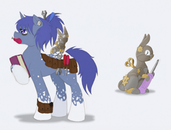 Size: 1081x823 | Tagged: safe, artist:ravenpuff, oc, oc only, pony, rabbit, robot, unicorn, animal, bag, bags under eyes, book, clockwork, dappled, ear piercing, female, hoof hold, horn, mare, mouth hold, piercing, roan rpg, saddle bag, screwdriver, socks (coat marking), unicorn oc, wrench