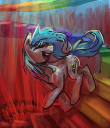 Size: 1800x2088 | Tagged: safe, artist:elisdoominika, oc, earth pony, pony, blue mane, grey body, hell, laughing, open mouth, rainbow, red light, running, smiling, solo, stairs, teeth
