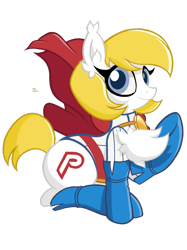 Size: 1280x1707 | Tagged: safe, artist:branewashpv, earth pony, pony, blue eyes, boots, cape, chest fluff, clothes, cute, dc superhero girls, fluffy, gloves, ponified, power girl, shoes, simple background, solo, transparent background, white coat, yellow mane
