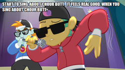 Size: 896x500 | Tagged: safe, edit, edited screencap, screencap, snails, snips, equestria girls, rainbow rocks, booggie in your butt, butt, cap, clock, eddie murphy, hat, meme, microphone, rap, rapping, song reference, sunglasses