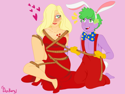 Size: 2048x1536 | Tagged: safe, artist:denkuru, applejack, spike, equestria girls, alternate hairstyle, alternative cutie mark placement, applerack, applespike, blushing, bondage, bowtie, breasts, bunny ears, chest freckles, cleavage, clothes, cosplay, costume, crossover, disney, dress, equestria girls-ified, female, freckles, hair over one eye, hatless, heart, heart eyes, high heels, jessica rabbit, jessica rabbit dress, kneeling, loose hair, male, missing accessory, open mouth, overalls, pink background, roger rabbit, rope, shipping, shoes, simple background, sitting, straight, strapless, tied up, who framed roger rabbit, wingding eyes
