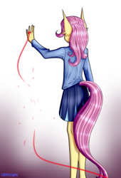 Size: 520x763 | Tagged: safe, artist:lilith1light, derpibooru import, fluttershy, anthro, broken, clothes, red string of destiny