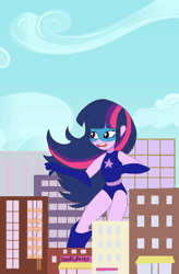 Size: 588x899 | Tagged: safe, artist:deadowlartist, twilight sparkle, human, equestria girls, clothes, female, giantess, leotard, macro, magic gaia, superhero