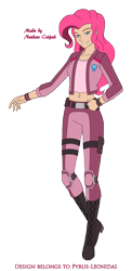 Size: 1455x2989 | Tagged: safe, artist:pyrus-leonidas, derpibooru import, part of a series, part of a set, pinkie pie, human, series:mortal kombat:defenders of equestria, bedroom eyes, belly button, belt, boots, clothes, crossover, digital art, female, grin, humanized, jacket, knee pads, looking at you, midriff, mortal kombat, pants, shoes, simple background, smiling, solo, transparent background, video game crossover, woman