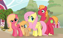 Size: 3657x2201 | Tagged: safe, artist:lunaapple, derpibooru import, big macintosh, fluttershy, oc, oc:apple seed, oc:shyflower, earth pony, pegasus, pony, apple, apple tree, barn, base used, brother and sister, bucket, colt, cutie mark, family, father and child, father and daughter, father and son, female, filly, fluttermac, freckles, hill, looking at someone, looking at you, looking away, male, mare, mother and child, mother and daughter, mother and son, offspring, parent and child, parent:big macintosh, parent:fluttershy, parents:fluttermac, shipping, siblings, stallion, straight, sweet apple acres, tree, yoke