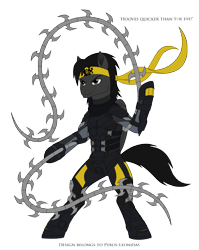 Size: 2373x2985 | Tagged: safe, artist:pyrus-leonidas, pegasus, pony, series:mortal kombat:defenders of equestria, armor, bipedal, boots, chain whip, clothes, crossover, gloves, headband, male, mortal kombat, mortal kombat x, ponified, shoes, simple background, solo, stallion, takeda takahashi, transparent background