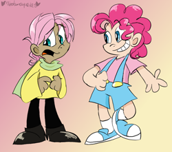 Size: 800x708 | Tagged: safe, artist:mirabuncupcakes15, derpibooru import, bubble berry, butterscotch, fluttershy, pinkie pie, human, clothes, converse, dark skin, duo, grin, humanized, jeans, male, open mouth, overalls, pants, rule 63, scarf, shoes, shorts, smiling, socks, sweater