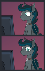 Size: 630x1000 | Tagged: source needed, safe, artist:flyingsaucer, oc, oc only, oc:flying saucer, bat pony, collar, computer, male, meme, monitor, solo, stallion