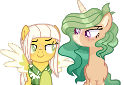 Size: 1189x823 | Tagged: safe, artist:bebraveforme, artist:thecatrei, oc, oc only, oc:honey lavender, oc:sweet banana, pegasus, pony, unicorn, base used, clothes, coat markings, female, freckles, hawaiian shirt, looking at each other, mare, raised eyebrow, raised hoof, shirt, simple background, transparent background
