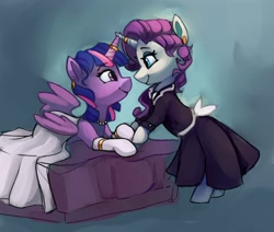 Size: 3000x2544 | Tagged: safe, artist:lilfunkman, derpibooru import, rarity, twilight sparkle, twilight sparkle (alicorn), alicorn, pony, unicorn, bed, clothes, dress, ear piercing, earring, eye contact, fanfic art, fanfic in the description, female, hoof hold, horn, horn ring, horns are touching, jewelry, lesbian, looking at each other, mare, necklace, on bed, piercing, rarilight, ring, shipping, wedding dress, wedding night, wedding ring
