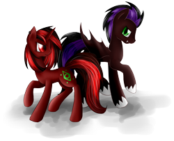 Size: 2400x1950 | Tagged: safe, artist:mufflinka, oc, oc only, oc:anzu, oc:fuego, bat pony, unicorn, bat pony oc, bat wings, red and black mane, red and black oc, red eyes, simple background, transparent background, wings