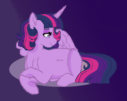 Size: 680x544 | Tagged: safe, artist:rosebuddity, twilight sparkle, twilight sparkle (alicorn), alicorn, pony, pregnant, prone, purple background, simple background, solo