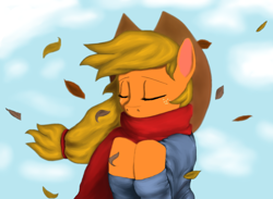 Size: 1334x976 | Tagged: safe, artist:stevethebrony, derpibooru import, applejack, earth pony, pony, applejack's hat, autumn, clothes, cloud, cowboy hat, eyes closed, falling leaves, hat, leaves, redraw, scarf, shirt, sky, solo, wind