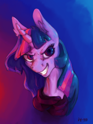 Size: 1500x2000 | Tagged: safe, artist:danton-y17, twilight sparkle, unicorn twilight, pony, unicorn, abstract background, bust, evil grin, female, grin, looking at you, mare, smiling, solo, three quarter view, wicked