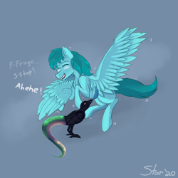 Size: 7743x7728 | Tagged: safe, artist:astarlitstudios, oc, oc:yorick, bird, crow, hybrid, pegasus, pony, snake, birthday, blushing, chest fluff, cute, ear fluff, eyes closed, feather, gift art, giggling, gray background, laughing, leg fluff, male, open mouth, shivering, shoulder fluff, simple background, smiling, spread wings, stallion, tickle torture, tickling, wing fluff, wings