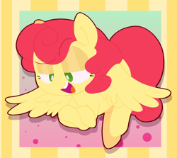 Size: 500x446 | Tagged: safe, artist:pinkiespresent, strawberry sunrise, pegasus, pony, abstract background, crossed hooves, female, lidded eyes, mare, open mouth, smug, solo