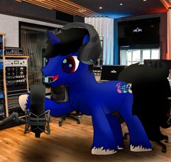 Size: 3800x3600 | Tagged: safe, artist:greenwintersky, oc, oc:tj konesky, fluffy, happy, headphones, male, microphone, music, recording, recording studio, singing, stallion