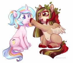 Size: 1000x870 | Tagged: safe, artist:helemaranth, oc, oc only, oc:helemaranth, oc:oofy colorful, pegasus, pony, unicorn, boop, cheek fluff, chest fluff, cute, cute little fangs, duo, fangs, female, horns, mare, ocbetes, pale belly, simple background, sitting, white background