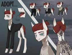 Size: 2939x2248 | Tagged: safe, artist:kustarnikov, oc, oc only, oc:platinum pierce, earth pony, pony, bedroom eyes, clothes, coat, coat markings, eyebrow piercing, grin, hoodie, jacket, male, necktie, piercing, reference sheet, shirt, smiling, solo, stallion, suit, sweater, t-shirt, tattoo, tongue piercing