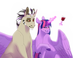 Size: 4000x3200 | Tagged: safe, artist:mandywuuf8, discord, twilight sparkle, twilight sparkle (alicorn), alicorn, pony, alcohol, blushing, discolight, female, glass, glowing horn, horn, levitation, looking away, magic, male, mare, one wing out, pony discord, shipping, simple background, stallion, straight, telekinesis, white background, wine, wine glass, wings