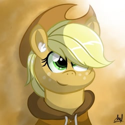 Size: 600x600 | Tagged: safe, artist:grithcourage, derpibooru import, applejack, earth pony, pony, adorable face, applejack's hat, bust, clothes, cowboy hat, cute, female, freckles, hat, jackabetes, jacket, looking up, mare, signature, solo