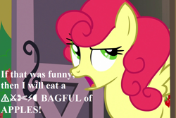 Size: 1080x720 | Tagged: safe, edit, edited screencap, screencap, strawberry sunrise, honest apple, censored vulgarity, cropped, dude not funny (reaction image), grawlixes, reaction image, speech, strawberry savage, that pony sure does hate apples