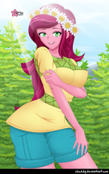 Size: 790x1258 | Tagged: safe, artist:clouddg, gloriosa daisy, equestria girls, legend of everfree, breasts, busty gloriosa daisy, clothes, crepuscular rays, female, floral head wreath, flower, looking at you, open mouth, shorts, solo