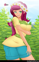 Size: 790x1258 | Tagged: safe, alternate version, artist:clouddg, gloriosa daisy, human, equestria girls, breasts, busty gloriosa daisy, crepuscular rays, cute, female, floral head wreath, flower, flower in hair, human coloration, looking at you, open mouth, solo