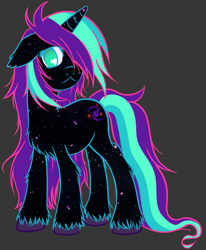 Size: 1377x1669 | Tagged: safe, artist:homumu, oc, oc only, oc:andromeda, pony, unicorn, dark background, female, hair over one eye, horn, mare, messy mane, solo, unicorn oc, unshorn fetlocks