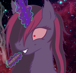 Size: 771x744 | Tagged: safe, artist:homumu, oc, oc only, oc:patchouli kush, alicorn, alicorn oc, bust, drugs, female, glowing horn, high, horn, joint, magic, mare, marijuana, messy mane, smiling, smoking, solo, space, telekinesis