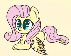 Size: 953x758 | Tagged: safe, artist:lionpea, derpibooru import, fluttershy, pegasus, pony, chest fluff, colored hooves, cute, ear fluff, female, mare, prone, shyabetes, simple background, solo, yellow background