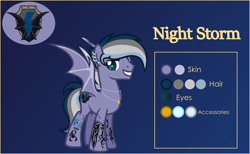 Size: 4000x2469 | Tagged: safe, artist:n0kkun, oc, oc:night storm (ice1517), bat pony, pony, bat pony oc, bat wings, blue background, ear piercing, earring, eyebrow piercing, grin, jewelry, male, multicolored hair, necklace, piercing, reference sheet, ring, simple background, smiling, solo, stallion, tattoo, wedding ring, wings