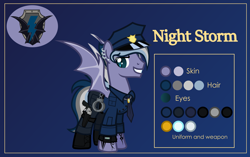 Size: 3999x2507 | Tagged: safe, alternate version, artist:n0kkun, oc, oc:night storm (ice1517), bat pony, pony, bat pony oc, bat wings, blue background, boots, clothes, cuffs, ear piercing, earring, eyebrow piercing, grin, gun, handgun, hat, holster, jewelry, male, multicolored hair, necklace, necktie, pants, piercing, police, police hat, police officer, police uniform, reference sheet, revolver, ring, shirt, shoes, simple background, smiling, solo, stallion, tattoo, watch, weapon, wedding ring, wings, wristwatch