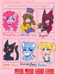 Size: 1971x2500 | Tagged: safe, artist:tenebristayga, derpibooru import, pinkie pie, cat, earth pony, human, pony, :d, a hat in time, bubbles (powerpuff girls), bust, care bears, chest fluff, clothes, crossover, female, frown, grumpy bear, hat, hat kid, league of legends, luna (sailor moon), mare, one eye closed, sailor moon, six fanarts, the powerpuff girls, top hat, wink, xayah